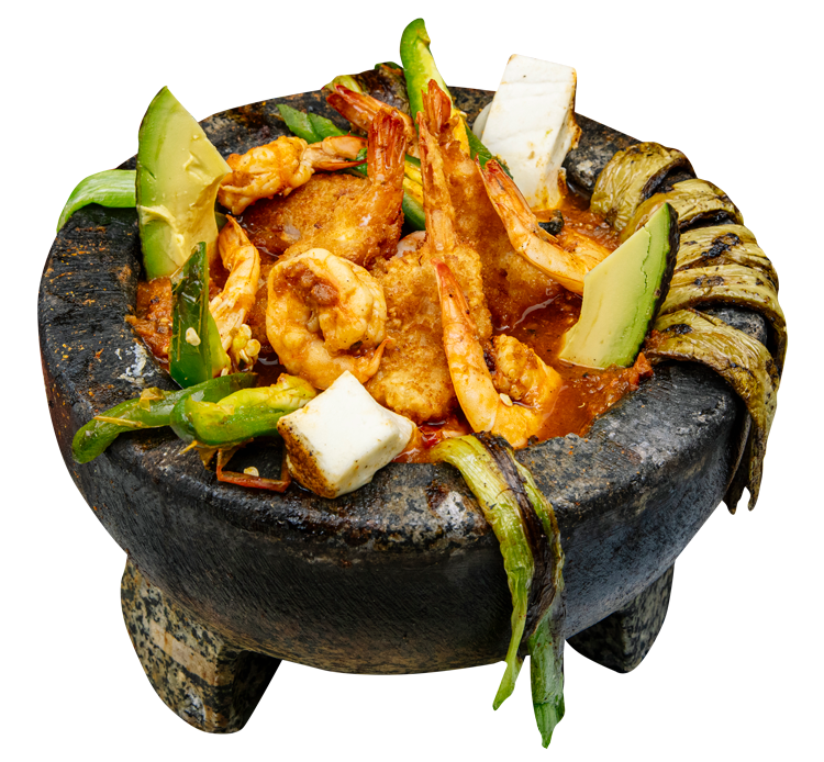 Molcajete de mariscos con camarones, aguacate, queso y nopales
